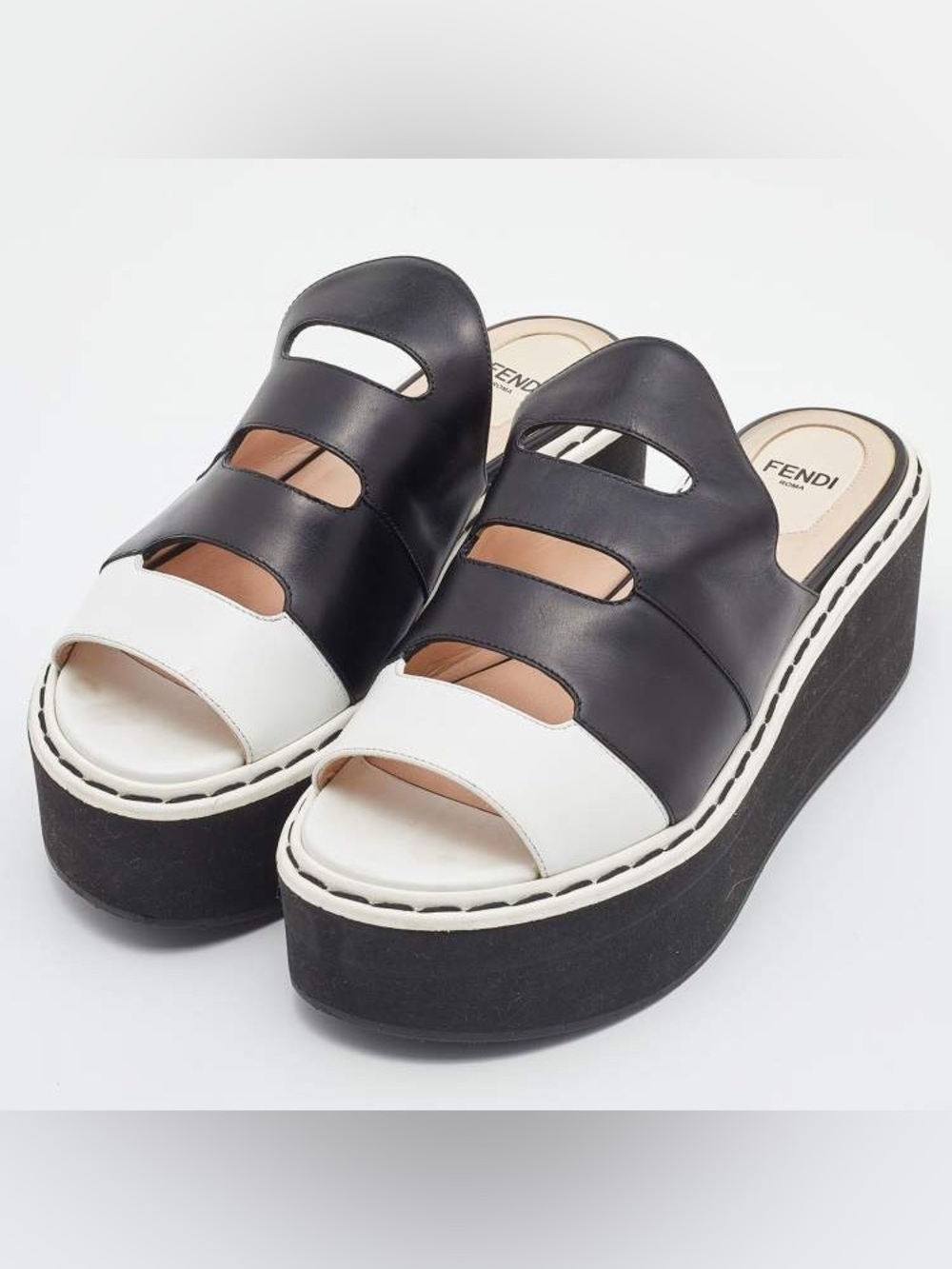 Fendi Two-Tone Black and White Leather Platform Mules